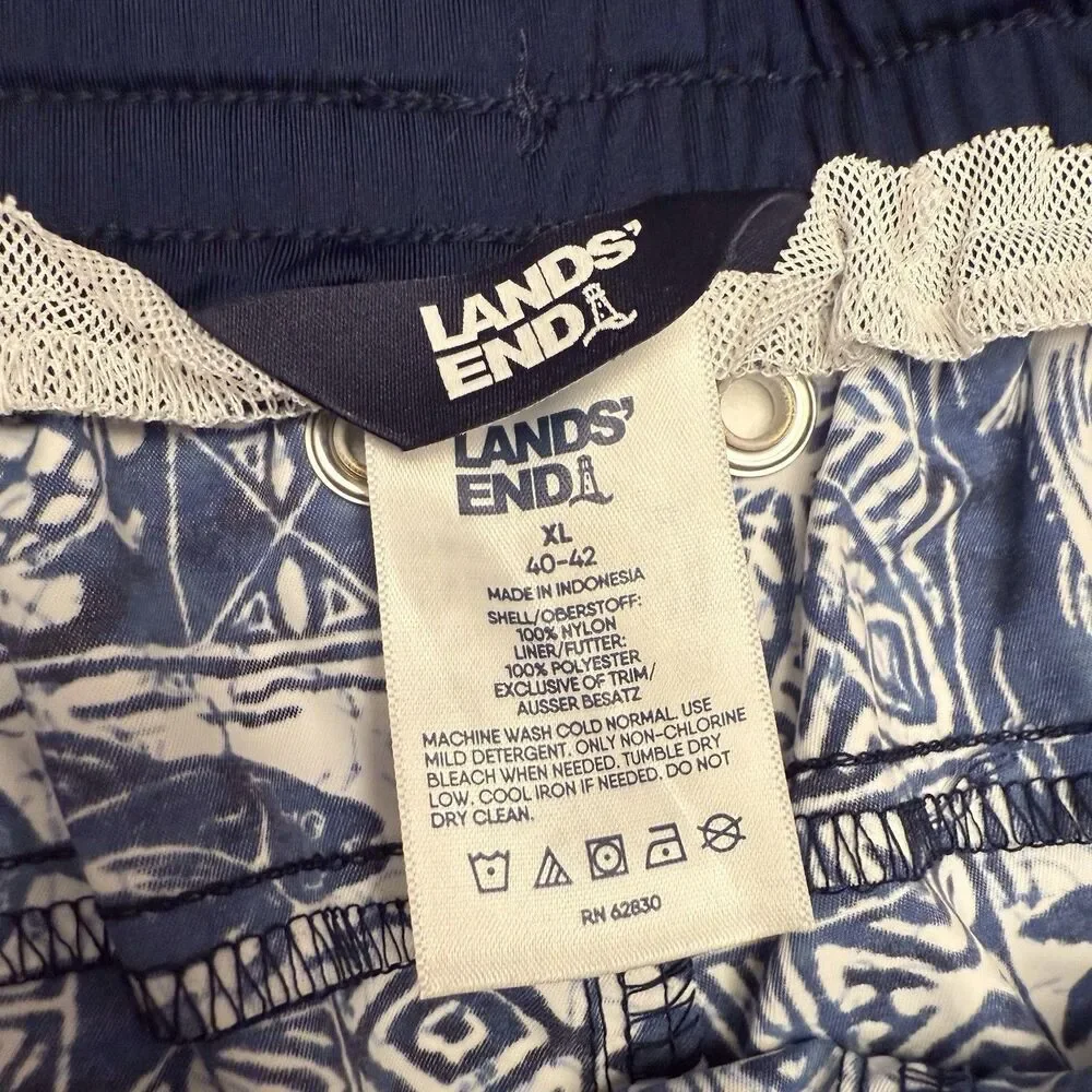 Lands’ End Mens ‎ 9” Volley Swim Trunks Shorts Navy Fish Block Print Sz XL